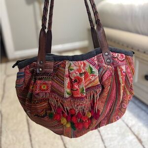 Bohemian Multicolor Shoulder Bag with Braided Handles Patchwork Hippie